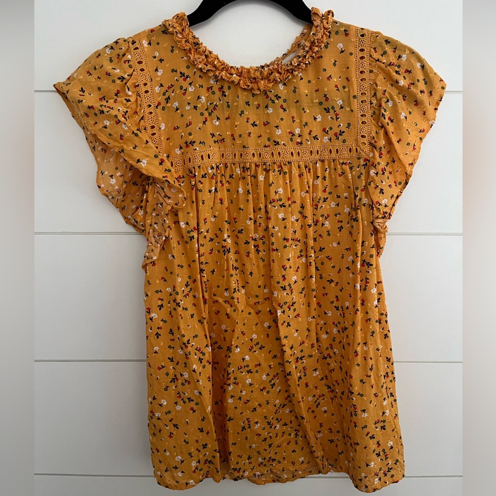 LOFT Short Sleeve Blouse in Yellow with Floral Print